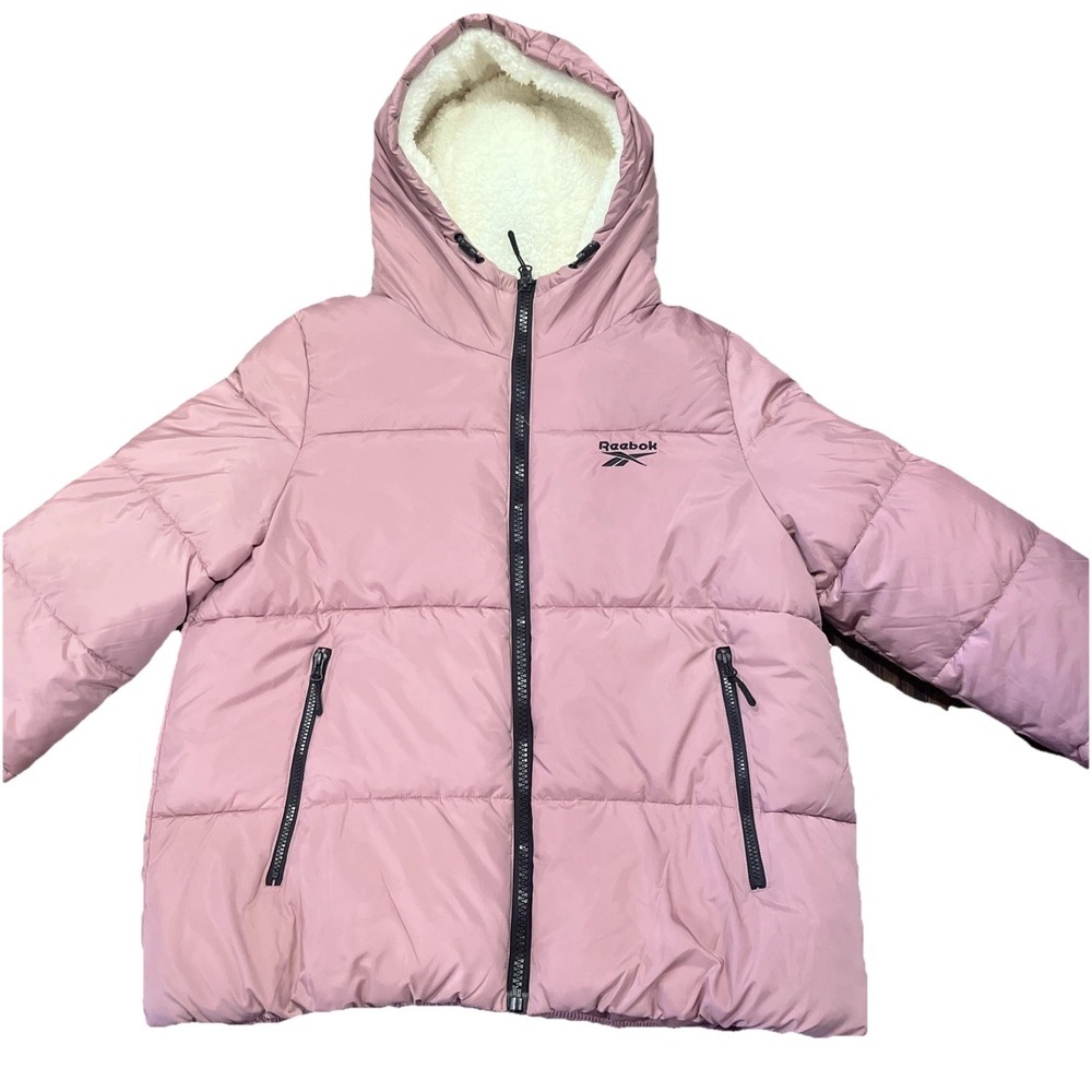 Reebok Women's Puffer Jacket Size XL Dusty Rose‎ Sherpa Hood Coat Athletic NEW